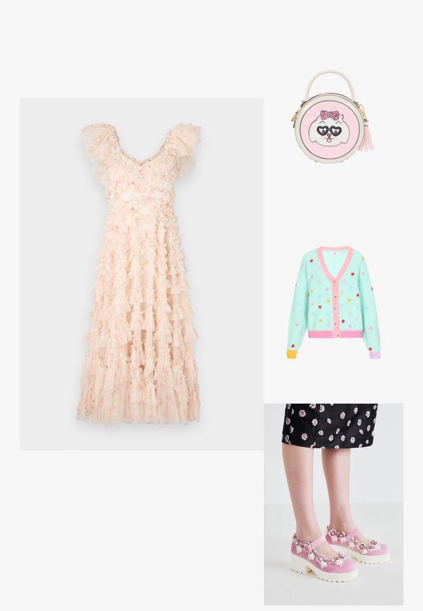 Hellgrüner Kardigan mit pinken Akzenten, Knopfverschluss, bunten Herzmustern, langen Ärmeln und pastellfarbigen Akzenten an den Bündchen.; Needle & Thread DITSY LOLA BACKLESS BALLERINA DRESS - Cocktailkleid/festliches Kleid - moonshine pink; Rosa Samt-Mary-Jane-Schuhe mit weißen Plateausohlen, verziert mit floralen Applikationen und Spitzendetails am Öffnungsrand und Riemen um den Knöchel.; Runde pinke Handtasche mit einem weißen und pinken Hundegesicht, das eine glitzernde Schleife und herzförmige Brille trägt, einem oberen Griff und einem seitlichen Quasten-Reißverschlusszug.
