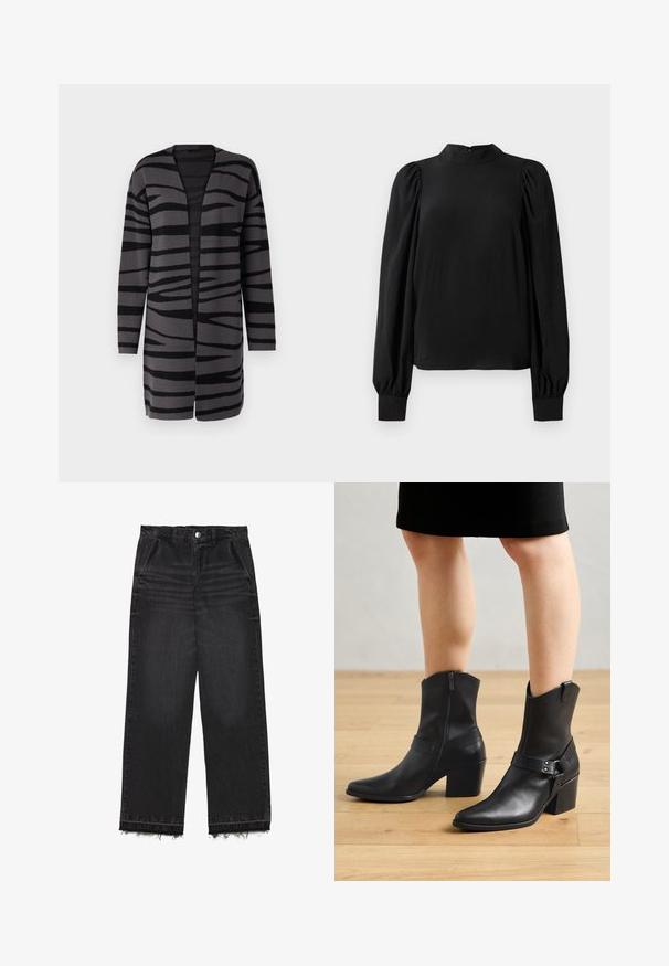 Cardigan long avec un motif rayé zèbre noir et gris, design à ouverture devant, fabriqué en tissu doux et texturé avec des manches longues.; Chemisier noir à manches longues avec col haut, épaules bouffantes et poignets ajustés, présenté sur un fond blanc.; Pantalon en denim noir à coupe droite. Doté d'une taille haute, d'un ourlet effiloché et d'une texture légère délavée sur l'ensemble. Poches avant incluses.; Bottines en cuir noir avec un bout pointu, fermeture éclair, talon courbé et une sangle décorative avec des accents en métal.