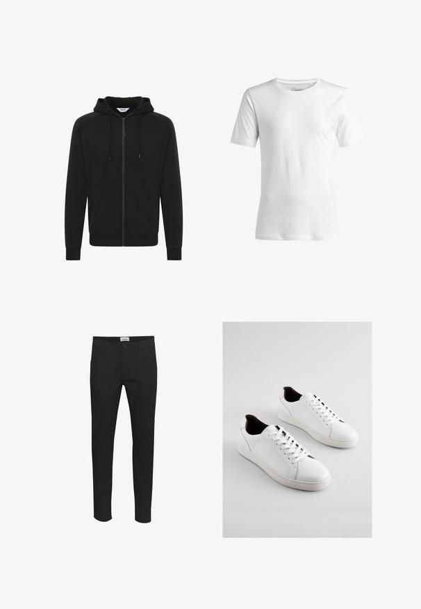 Zwarte zip-up hoodie met een zachte textuur, verstelbare capuchon, schuine naden en zijzakken. Beschikt over ribgebreide manchetten en rand.; Witte T-shirt met korte mouwen van katoen, met een regular fit en een ronde hals. Glad textuur, geen patronen of zichtbare details.; Zwarte broek van stevige stof, met een standaard pasvorm, vijf zakken en een knoopsluiting. Stijlvol en veelzijdig.; Witte lederen sneakers met een laag profiel, geperforeerde zijkanten, platte veters en een contrasterende bruine binnenvoering. Rubberen zool met een textuurpatroon.
