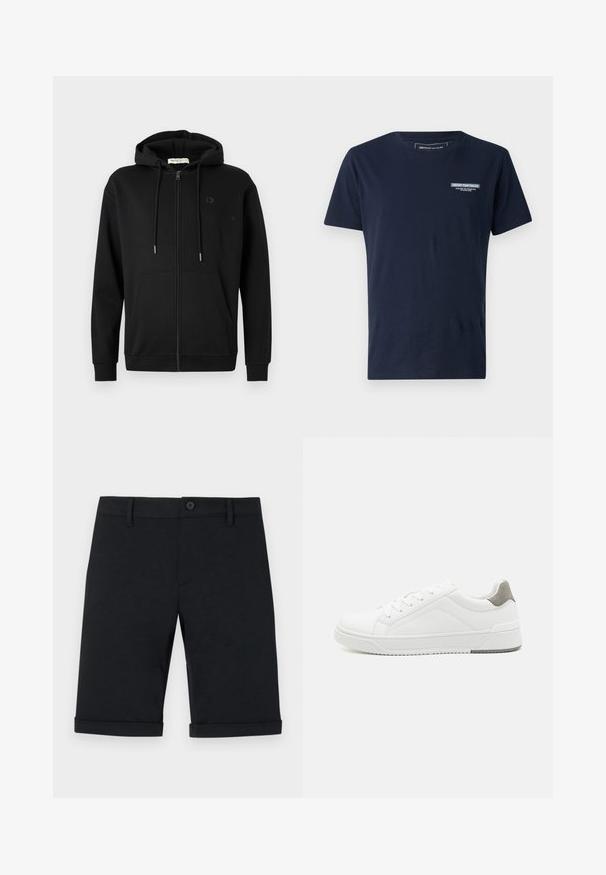 Sudadera con cremallera negra, con bolsillos frontales, capucha ajustable con cordón y un logotipo sutil en el lado izquierdo del pecho, sobre un fondo blanco liso.; Camiseta de algodón azul marino con cuello redondo, mangas cortas y un pequeño logotipo bordado en el pecho. Corte clásico y textura suave.; Pantalones cortos negros de algodón con cierre de botón, diseño entallado y dobladillo enrollado. Presentan bolsillos delanteros y una textura suave.; Zapatilla blanca con material de cuero liso, punta redonda, diseño minimalista, acento gris en el talón y suela de goma texturizada.