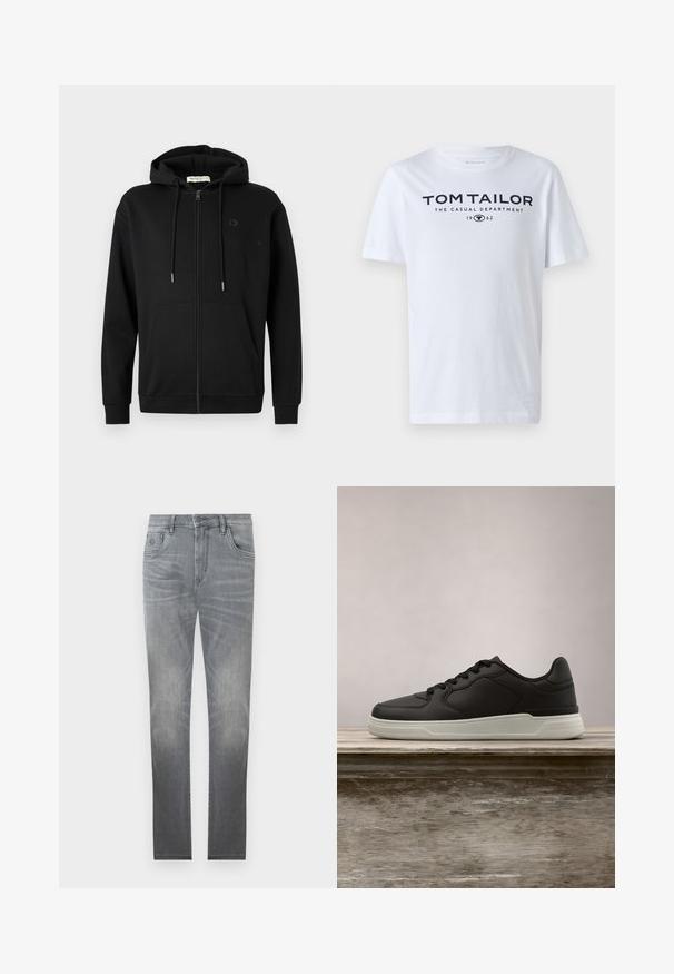 Sort zip-up hoodie med frontlommer, justerbar snøre i hætten og diskret logo på venstre bryst mod en ensfarvet hvid baggrund.; Hvid bomulds t-shirt med rund hals, korte ærmer og navy tekst, der læser "TOM TAILOR THE CASUAL DEPARTMENT 1962."; Grå denim jeans med et falmet design, fem-lommer stil, knaplukning og lige ben. Glat tekstur med let slid ved kanterne.; Sort sneaker med hvid sål hængende over en træbænk, grønne blade i den slørede baggrund.