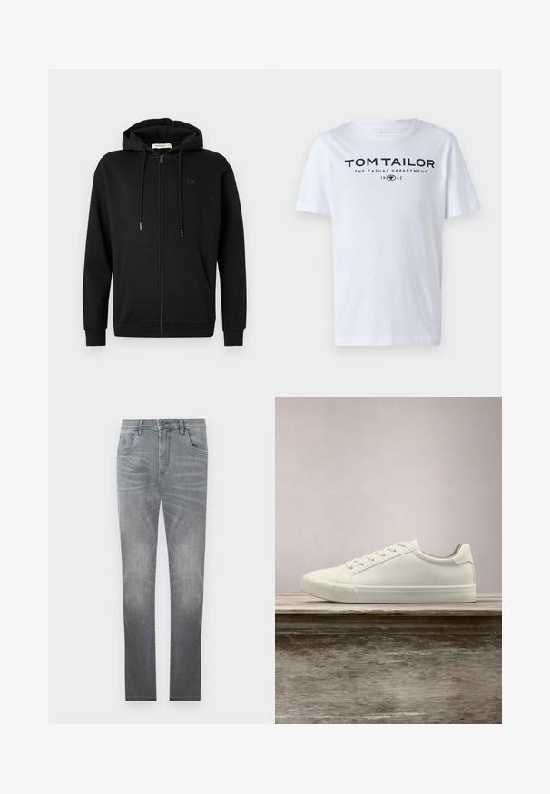 Sort zip-up hoodie med frontlommer, justerbar snøre i hætten og diskret logo på venstre bryst mod en ensfarvet hvid baggrund.; Hvid bomulds t-shirt med rund hals, korte ærmer og navy tekst, der læser "TOM TAILOR THE CASUAL DEPARTMENT 1962."; Grå denim jeans med et falmet design, fem-lommer stil, knaplukning og lige ben. Glat tekstur med let slid ved kanterne.; Hvide snørresneakers svævende over en træbænk med grønne planter i baggrunden, der fremhæver skodesign og tekstur.