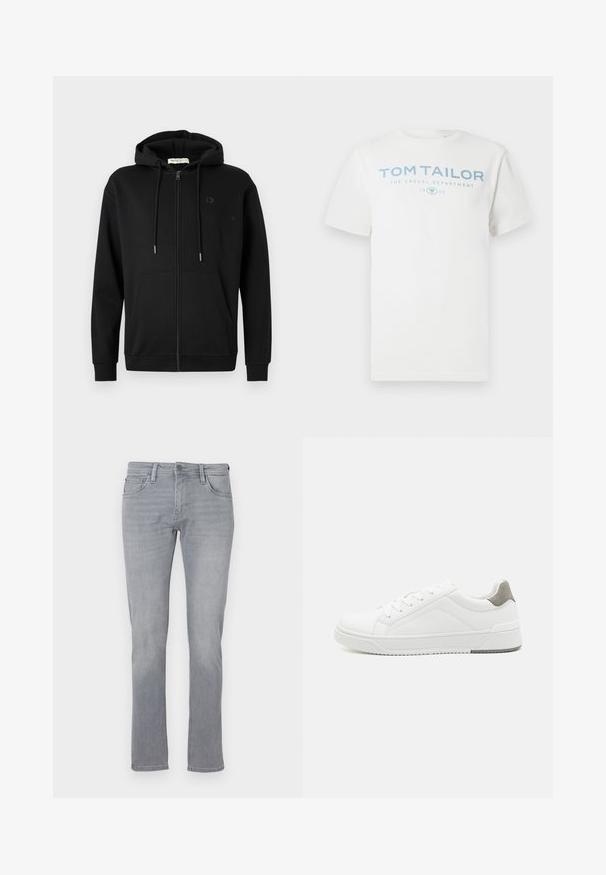 Schwarze Zip-Hoodie mit Fronttaschen, verstellbarem Kordelzug an der Kapuze und dezentem Logo auf der linken Brust vor einem schlichten weißen Hintergrund.; Weißes Baumwoll-T-Shirt mit einem hellblauen Druck, der "TOM TAILOR", "THE CASUAL DEPARTMENT" und "1962" zeigt. Klassischer Rundhalsausschnitt und kurze Ärmel.; Graue Jeans aus Denim mit geradem Bein, ausgestattet mit einem Frontknopf und einem Reißverschluss, fünf Taschen und subtilen Verwaschungen.; Weißer Sneaker aus glattem Leder, runde Zehenpartie, minimalistisches Design, graue Fersenkante und strukturierte Gummisohle.