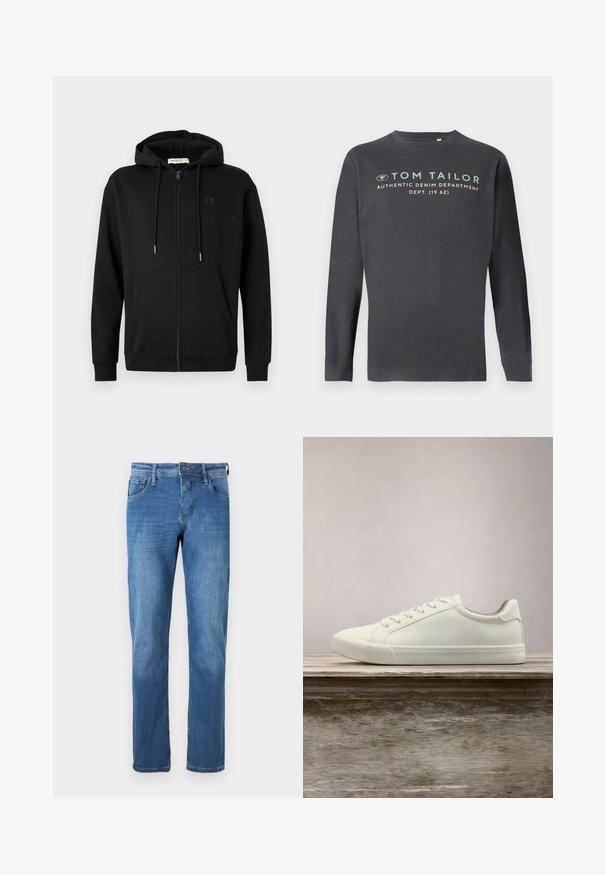 Sort zip-up hoodie med frontlommer, justerbar snøre i hætten og diskret logo på venstre bryst mod en ensfarvet hvid baggrund.; TOM TAILOR PRINTED - Langærmet T-shirt - tarmac grey; Denim jeans i medium blå med lige pasform. Har fem lommer, en knaplukning og synlige syninger langs sømmene.; Hvide snørresneakers svævende over en træbænk med grønne planter i baggrunden, der fremhæver skodesign og tekstur.