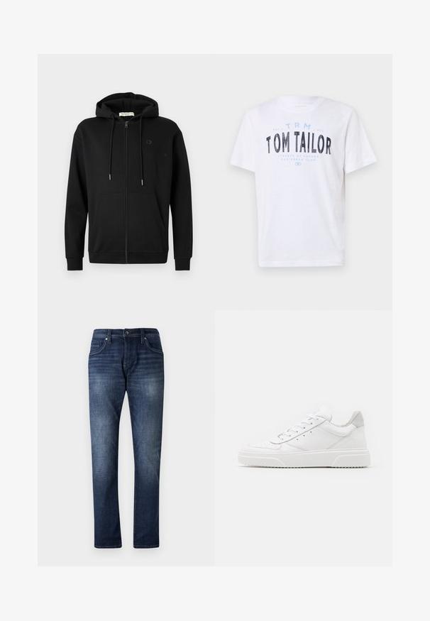 Sort zip-up hoodie med frontlommer, justerbar snøre i hætten og diskret logo på venstre bryst mod en ensfarvet hvid baggrund.; Hvid bomulds t-shirt med rund halsudskæring og korte ærmer. Har blå og sort trykt tekst: "TOM TAILOR," "STREETS OF HAVANA," og tal.; Mørkeblå denimjeans med lige ben design, der har en falmet vask, fem lommer og synlige stikninger langs sømmene.; Hvide lædersneakers med en glat finish, rund tå, flade snørebånd og en struktureret sål. Grå ruskindsdetalje ved hælen.
