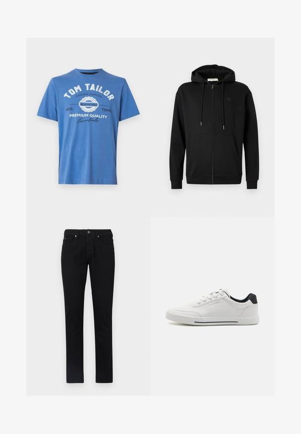 Schwarze Zip-Hoodie mit Fronttaschen, verstellbarem Kordelzug an der Kapuze und dezentem Logo auf der linken Brust vor einem schlichten weißen Hintergrund.; Blaue kurzärmlige T-Shirt aus Baumwolle. Mit bedrucktem Text "TOM TAILOR" und Logo. Klassischer Rundhalsausschnitt und gerader Saum.; Schwarze Jeanshose, mit geradem Bein, ausgestattet mit einem Fünf-Taschen-Design, einem Frontknopfverschluss und einer glatten, einheitlichen Textur.; Weiße Sneakers mit einem glatten synthetischen Obermaterial, runder Spitze, Schnürdesign, marineblauem Akzent an der Ferse und einer strukturierten Gummisohle mit einem schwarzen Streifen.