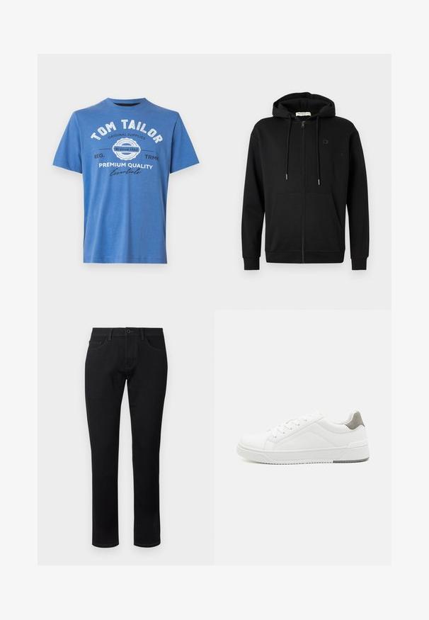 Zwarte zip-up hoodie met voorzakken, verstelbare trekkoordcapuchon en subtiel logo op de linkerkant van de borst tegen een effen witte achtergrond.; Blauwe T-shirt met korte mouwen van katoen. Voorzien van geprinte tekst met "TOM TAILOR" en logo. Klassieke ronde halslijn en rechte zoom.; TOM TAILOR TTJOSH REGULAR SLIM FIT - Jeans Tapered Fit - black denim; Witte sneaker van glad leer met een ronde neus, minimalistisch ontwerp, grijze hielaccent en een geplaatste rubberen zool.