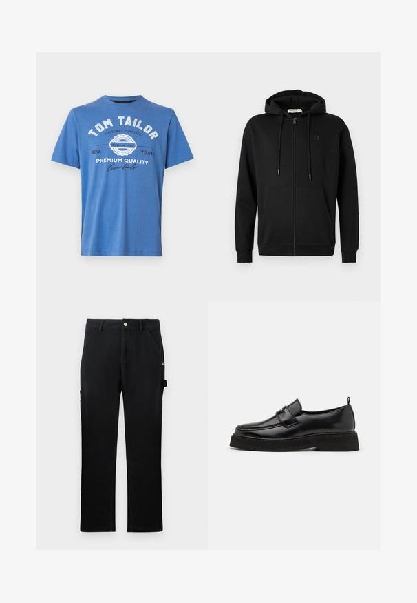 Sudadera con cremallera negra, con bolsillos frontales, capucha ajustable con cordón y un logotipo sutil en el lado izquierdo del pecho, sobre un fondo blanco liso.; Camiseta de algodón de manga corta en color azul. Presenta texto impreso con "TOM TAILOR" y logo. Cuello redondo clásico y dobladillo recto.; Pantalones de trabajo rectos negros con bolsillos frontales, cinturas, cierre de botón y lazo lateral para herramientas sobre un fondo liso.; Zapatos estilo mocasín de cuero negro con suela plana y texturizada, con puntera cosida y una correa a lo largo del empeine.