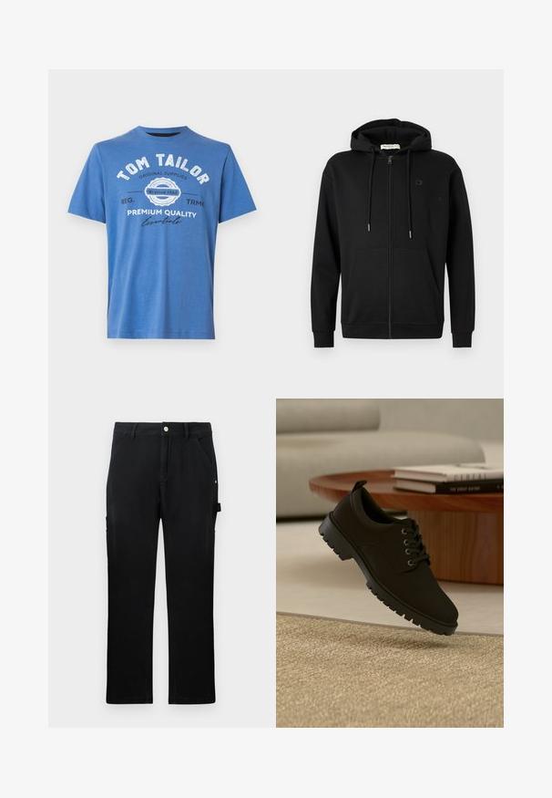 Schwarze Zip-Hoodie mit Fronttaschen, verstellbarem Kordelzug an der Kapuze und dezentem Logo auf der linken Brust vor einem schlichten weißen Hintergrund.; Blaue kurzärmlige T-Shirt aus Baumwolle. Mit bedrucktem Text "TOM TAILOR" und Logo. Klassischer Rundhalsausschnitt und gerader Saum.; Schwarze gerade Arbeits hose mit vorderen Taschen, Gürtelschlaufen, Knopfverschluss und seitlicher Werkzeugschlaufe auf einfarbigem Hintergrund.; Schwarzer Leder-Schnürschuh mit klobiger Sohle, der über einem beigen Teppich in einem minimalistischen Wohnzimmer schwebt