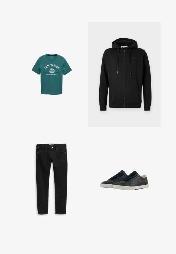 Schwarze Zip-Hoodie mit Fronttaschen, verstellbarem Kordelzug an der Kapuze und dezentem Logo auf der linken Brust vor einem schlichten weißen Hintergrund.; Türkisfarbiges T-Shirt mit kurzen Ärmeln aus Baumwolle, mit Rundhalsausschnitt und weißem Drucktext "TOM TAILOR" sowie Designdetails auf der Vorderseite.; Schwarze Slim-Fit-Denim-Jeans mit vorderem Knopf und Taschen, flach auf weißem Hintergrund liegend.; Marineblaue Leder-Sneaker mit weißen Gummisohlen, runder Spitze und schwarzen Schnürsenkeln. Subtile Texturen und Branding an den Seiten. Lässiges Design.
