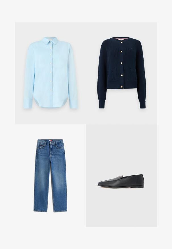 Marineblå strikket cardigan med ribbet tekstur, rund halsudskæring, guldknapper og to forlommer. Har lange ærmer og en afslappet pasform.; Lysblå skjorte med knapper foran, lange ærmer, krave, afrundet kant og fem knapper foran; lavet af glat, letvægtsstof.; Blå jeans med høj talje og lige ben, med forreste knap- og lynlåslukning, for- og baglommer samt subtil fadning på lårene.; Sorte læderloafers med en glat tekstur, rundet tå og subtile syningsdetaljer. Har en guldfarvet logoaccent på oversiden.