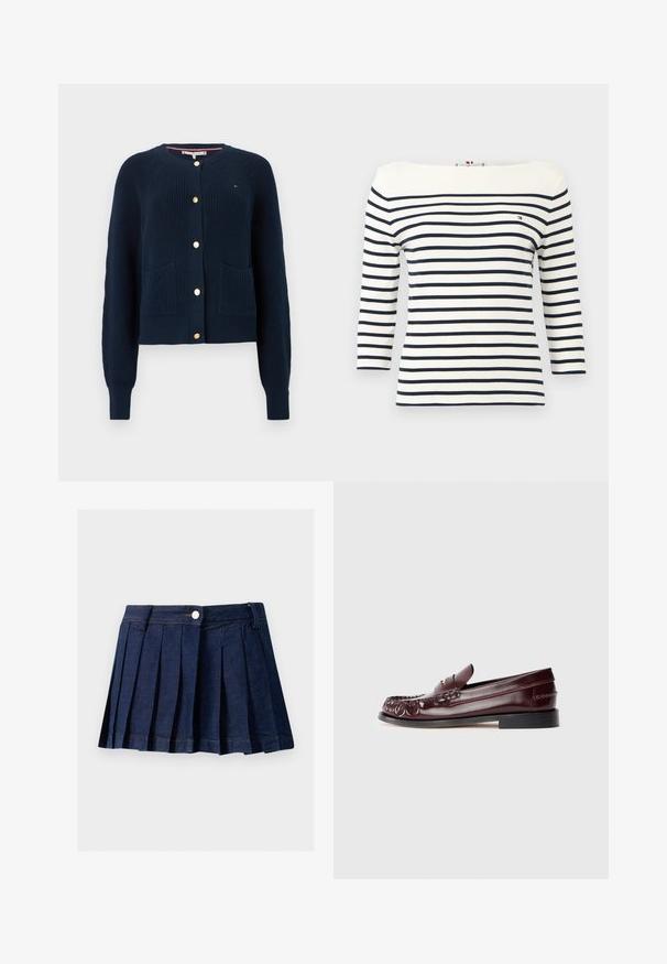 Marineblå strikket cardigan med ribbet tekstur, rund halsudskæring, guldknapper og to forlommer. Har lange ærmer og en afslappet pasform.; Hvid langærmet skjorte med vandrette mørkeblå striber og et lille Tommy Hilfiger-logo på venstre bryst.; Mørk denim plisseret nederdel med en tætsiddende talje, knaplukning og kontrastsyning. Har pæne pliser og en lige kant.; Burgunderfarvet læder penny loafer med sort sål og guldfarvet metal detalje på vamp, vist i sidevisning på hvid baggrund.
