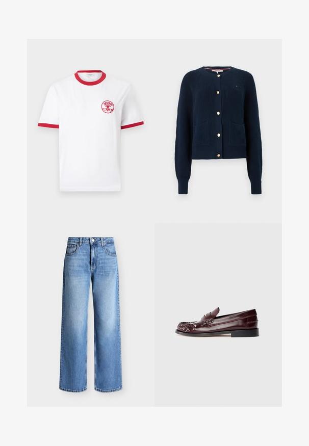 Cardigan en tricot bleu marine à texture côtelée, col rond, boutons dorés et deux poches avant. Caractérisé par des manches longues et une coupe décontractée.; T-shirt blanc à manches courtes avec col et bordures de manches rouges, avec un petit logo circulaire rouge "JOOP! Jeans" sur la poitrine gauche.; Jean droit bleu avec cinq poches et une fermeture bouton et zip, présenté sur un fond clair uni.; Mocassin penny en cuir bordeaux avec semelle noire et détail en métal doré sur le dessus, présenté en vue latérale sur fond blanc.