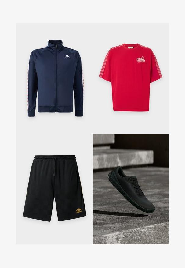 Marineblaue Sportjacke mit hohem Kragen, durchgehendem Reißverschluss, gerippten Bündchen und kontrastierenden weißen Seitenstreifen mit einem wiederholten Logo-Muster.; Rotes Adidas-T-Shirt mit kurzen Ärmeln, weißem Logo und Fußballgrafik auf der linken Brust sowie drei weißen Streifen an jedem Ärmel.; Schwarze Sportshorts mit dezentem karierten Muster, elastischem Taillenbund mit Kordelzug, goldenem Umbro-Logo am Unterschenkel und goldenen Seitenstreifen.; Schwarzer Wanderschuh mit strukturierter Sohle, der in einer schwach beleuchteten Umgebung über Betontreppen schwebt.