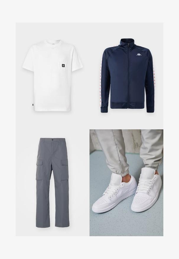 Veste de sport bleu marine avec col montant, fermeture éclair sur toute la longueur, poignets côtelés et bandes latérales blanches contrastées présentant un motif de logo répété.; T-shirt en coton blanc avec encolure ronde, manches courtes et une poche poitrine ornée d'un patch logo noir. Texture lisse, coupe décontractée.; Pantalons cargo gris en tissu résistant. Les caractéristiques incluent une taille élastique, deux grandes poches latérales et une coupe droite.; Des baskets en cuir blanc présentent une zone de perforation à l'avant, des lacets plats, un col rembourré et le logo Jordan sur la languette. Portées avec un pantalon de jogging gris.