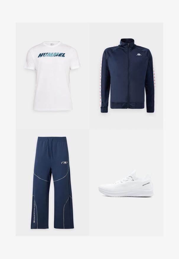 Chaqueta deportiva azul marino con cuello alto, cierre de cremallera completo, puños de canalé y rayas laterales blancas en contraste con un patrón de logotipos repetido.; Camiseta deportiva blanca de manga corta con logo azul "HUMMEL" y pequeño texto "ACTIVE SPORTSWEAR" en el pecho, fondo liso.; Pantalones deportivos azul marino con cintura elástica, ribete blanco curvo, logo de New Balance en el muslo izquierdo y marca en la parte inferior de la pierna derecha.; Zapatilla blanca de punto baja con suela texturizada, cierre de cordones y logo "JACK & JONES" en el lateral del cuello del talón.