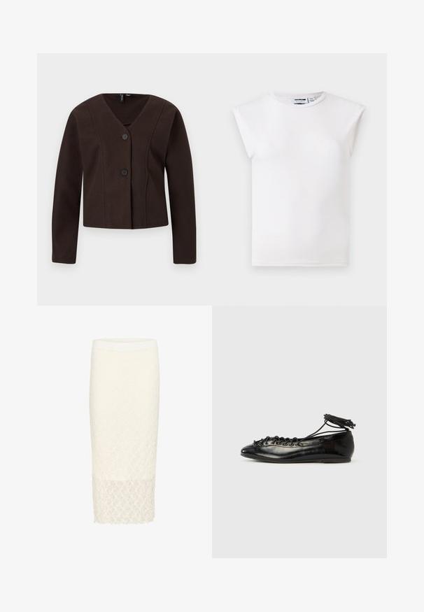Veste courte marron foncé à manches longues, col en V, avec deux boutons noirs sur le devant, présentée sur un fond clair.; Haut blanc sans manches à col rond avec détails matelassés aux épaules, fabriqué en tissu uni, présenté sur un fond neutre.; Jupe crayon en dentelle blanche avec un motif floral texturé, dotée d'une coupe mi-genou et d'une taille unie. Fini lisse au niveau de l'ourlet.; Ballerines en cuir verni noir avec un bout rond, un design à lacets et une semelle plate. Texture lisse avec peu de détails.