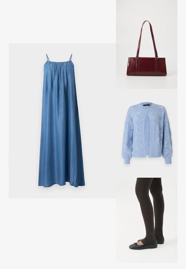 Cardigan en maille bleu clair avec motif losange, manches longues bouffantes, poignets côtelés et fermeture par un bouton au niveau de l'encolure.; Robe maxi bleu sans manches avec fines bretelles, encolure froncée et tissu fluide et ample.; Jambes portant des leggings côtelés foncés associés à des ballerines noires avec de petits détails en nœud sur fond blanc.; Sac à main bordeaux en matériau brillant, de forme rectangulaire, avec deux anses et des accents légèrement courbés à l'avant.