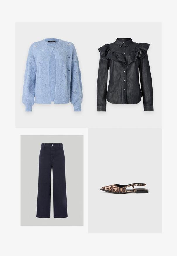 Lichtblauwe gebreide cardigan met diamantpatroon, lange pofmouwen, geribde manchetten en een enkele knoopsluiting bij de hals.; Donkerdenim shirt met een geraffineerde voormouw, knoopsluiting en lange mouwen met manchetten. De stof heeft een subtiele glans.; Lange marineblauwe broek van een soepele katoenmix, met een sluiting met knoop aan de voorkant en gestikte details langs de tailleband en zakken.; Leopardprint platte slingback-schoen met spitse neus, open zijkanten en kleine zwarte hak. Materiaal lijkt glad met een lichte glans.