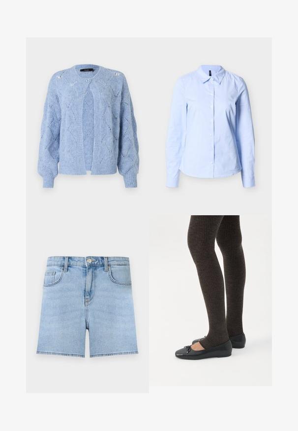 Cardigan en maille bleu clair avec motif losange, manches longues bouffantes, poignets côtelés et fermeture par un bouton au niveau de l'encolure.; Chemise pour femmes à manches longues bleu clair avec des rayures blanches verticales subtiles et un col pointu sur un fond neutre.; Short en jean bleu clair avec bouton à l'avant, fermeture éclair, passants de ceinture et design cinq poches sur un fond uni.; Jambes portant des leggings côtelés foncés associés à des ballerines noires avec de petits détails en nœud sur fond blanc.