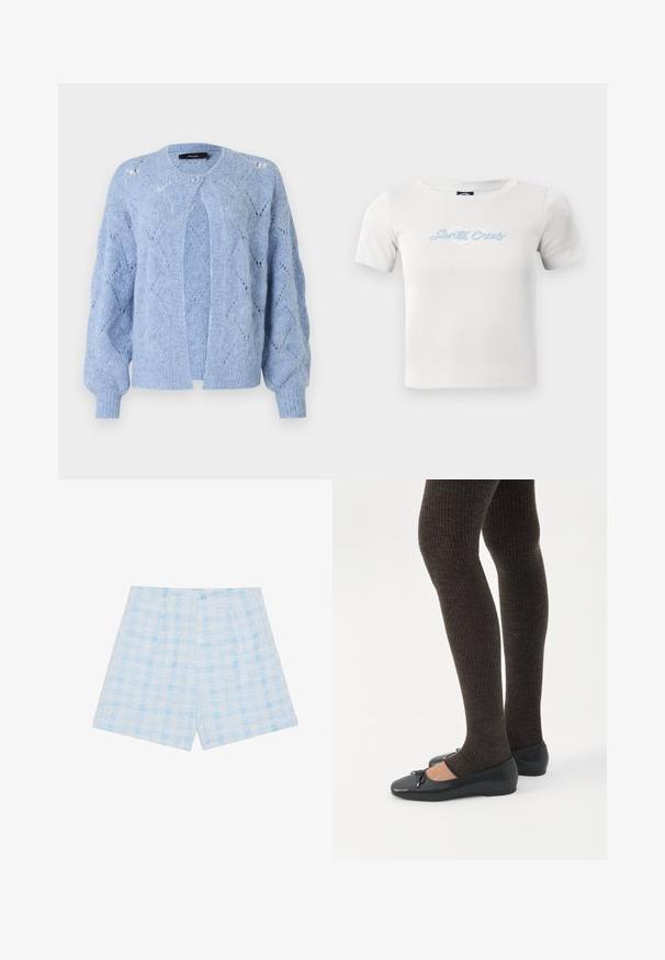 Lichtblauwe gebreide cardigan met diamantpatroon, lange pofmouwen, geribde manchetten en een enkele knoopsluiting bij de hals.; Witte katoenen t-shirt met korte mouwen, voorzien van een lichtblauwe "Santa Cruz" scriptlogo en hartafbeelding in het midden.; Lichtblauwe geruite shorts van textuurstof, met een losse pasvorm en plooien voor extra detail.; Benen met donkere geribbelde leggings gecombineerd met zwarte ballerina's met kleine strikdetails op een witte achtergrond.