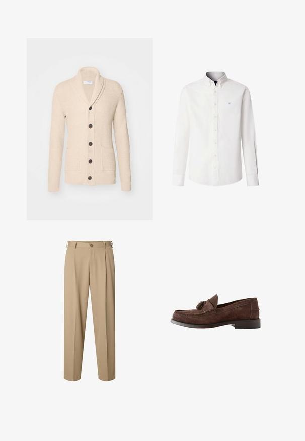 Beige gestrickte Strickjacke mit Schalkragen, fünf dunklen Knöpfen, strukturiertem Stoff und zwei vorderen Taschen. Lange Ärmel mit gerippten Bündchen.; Weißes, langärmeliges Hemd mit Knopfleiste, geknöpftem Kragen und kleinem blauen Logo mit gekreuzten Paddeln auf der linken Brust.; Beige maßgeschneiderte Hose mit vorderen Falten, Gürtelschlaufen, Knopfverschluss und geradem Bein.; Brauner Herren-Slipper aus Wildleder mit Quasten-Detail und niedrigem gestapeltem Absatz, Seitenansicht auf weißem Hintergrund.
