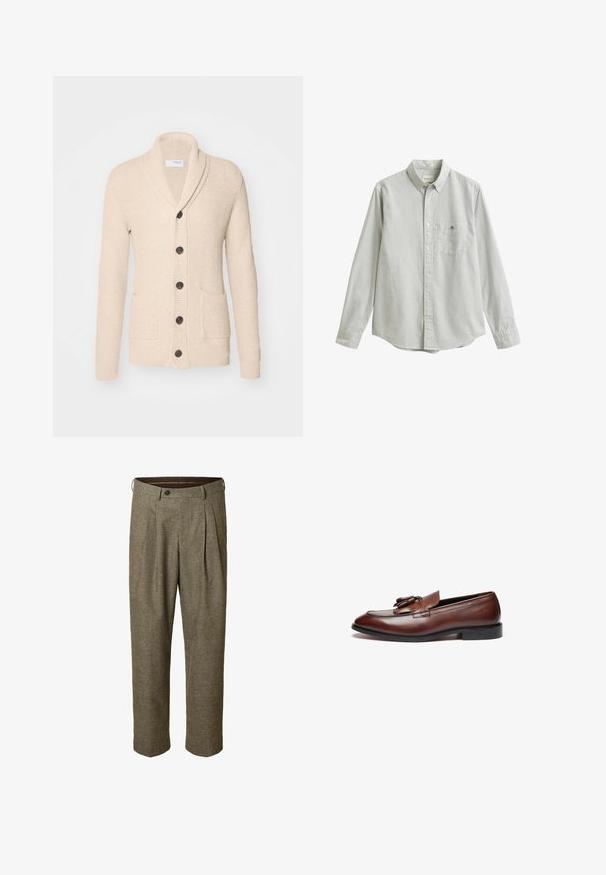 Beige strikket cardigan med sjalskrave, fem mørke knapper, tekstureret stof og to forlommer. Lange ærmer med ribbede manchetter.; Langærmet skjorte med knapper, lysegrå og hvide lodrette striber, krave, brystlomme og knappede manchetter.; Brune bukser med ternet mønster, plisseret front, sidelommer, linning med bæltestropper og knaplukning.; Brune læder loafers med en glat finish, dekorative kvaster, en rund tå og en lav sort gummisål.