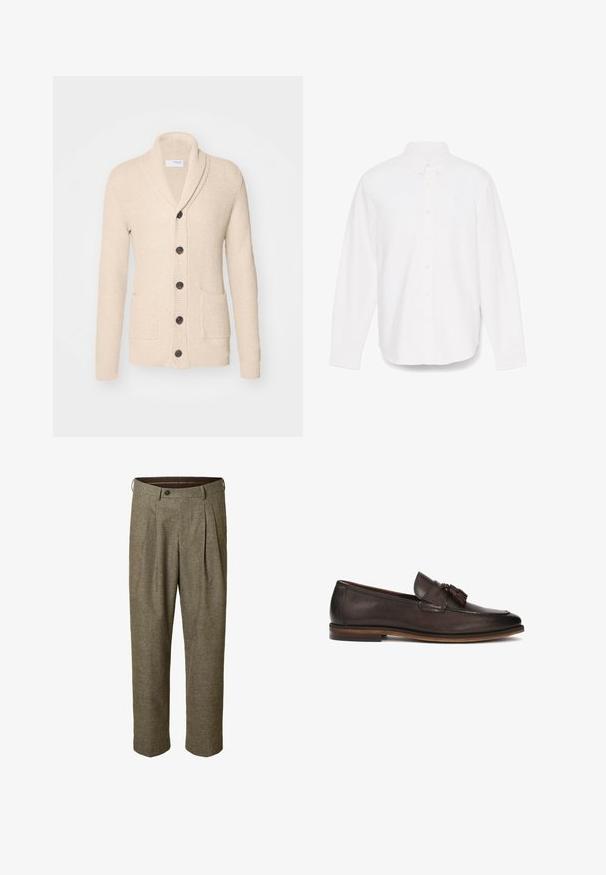 Gilet tricoté beige avec col châle, cinq boutons noirs, tissu texturé et deux poches avant. Manches longues avec poignets côtelés.; Chemise blanche à manches longues avec col pointu, poche unique et tissu texturé subtil. Dotée de poignets à boutons et d'un ourlet droit.; Pantalon marron à motif à carreaux avec un devant plissé, des poches latérales, une taille avec passants pour ceinture et une fermeture par bouton.; Mocassin en cuir marron foncé avec une texture lisse, des pampilles décoratives et une semelle contrastante marron. Design classique à enfiler.