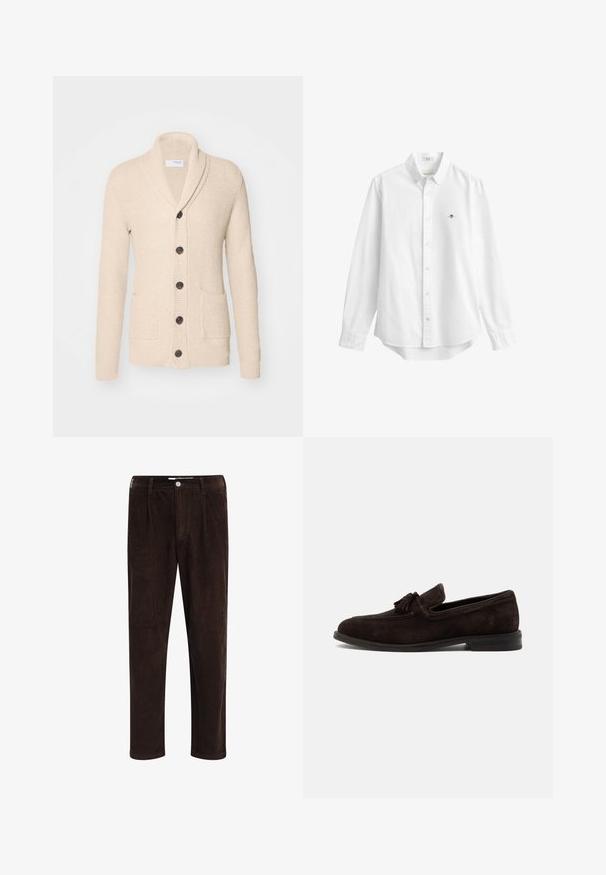 Gilet tricoté beige avec col châle, cinq boutons noirs, tissu texturé et deux poches avant. Manches longues avec poignets côtelés.; Chemise blanche à manches longues boutonnée avec col et petit logo brodé sur la poitrine gauche, présentée sur un fond uni.; Redefined Rebel JOHN COMFORT FIT - Pantalon classique - demitasse; Mocassin homme en daim brun foncé avec pompons, coutures apparentes et petit talon, présenté de profil sur un fond uni.