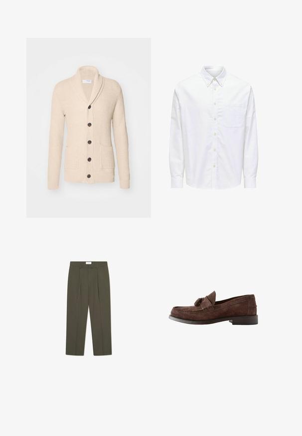 Cárdigan de punto beige con cuello de chal, cinco botones oscuros, tejido texturizado y dos bolsillos frontales. Mangas largas con puños acanalados.; Camisa blanca de manga larga con botones, cuello pico y bolsillo en el pecho en el lado izquierdo.; Pantalones verde oliva con rayas verticales, que cuentan con una cintura entallada, pliegues y un diseño de pierna recta. Textura suave.; Mocasín de ante marrón para hombre con detalle de borlas y tacón bajo apilado, vista lateral sobre fondo blanco.