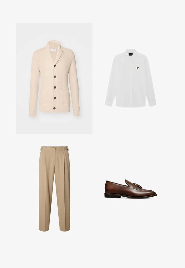 Beige gebreide cardigan met sjaalkraag, vijf donkere knopen, een gestructureerde stof en twee voorzakken. Lange mouwen met ribbels aan de manchetten.; Wit overhemd met lange mouwen, knopen en een opgevouwen kraag, met een klein geel vogel-logo aan de linkerkant van de borst.; Beige op maat gemaakte broek met voorplooien, riemlussen, knoopsluiting en rechte pijpen.; Bruine leren instappers met een gladde afwerking, voorzien van een opvallende kwastdetail, een lichte hak en contrasterende stiksels langs de randen.