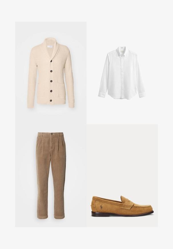 Beige gestrickte Strickjacke mit Schalkragen, fünf dunklen Knöpfen, strukturiertem Stoff und zwei vorderen Taschen. Lange Ärmel mit gerippten Bündchen.; Langärmeliges weißes Hemd mit Knopfleiste und einem Kragen mit Knöpfen, schlichtes, klassisches Design.; Braune Cordhosen mit einem hochgeschnittenen Design, featuring vorderen Falten, einem Knopfverschluss und geraden Beinen. Das strukturierte Material ist sichtbar.; Hellbrauner Veloursleder-Slipper mit genähten Details und kleinem besticktem Pferde-Logo an der Seite, mit niedrigem Holzabsatz und Schlupf-Design.