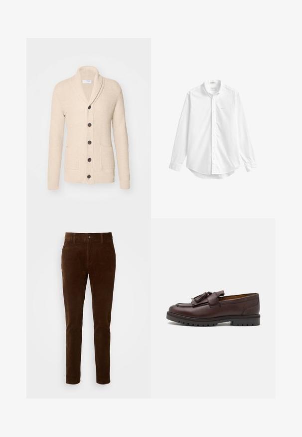 Gilet tricoté beige avec col châle, cinq boutons noirs, tissu texturé et deux poches avant. Manches longues avec poignets côtelés.; Chemise blanche à manches longues boutonnée avec un col, petit logo brodé sur la poitrine et ourlet arrondi.; Pantalon en velours côtelé marron avec une coupe droite, doté d'une fermeture à bouton et d'une texture de côtes verticales discrètes.; Zign Mocassins de ville - brown