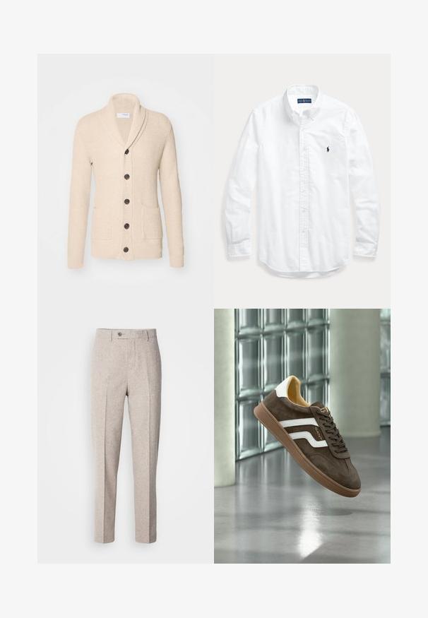 Beige strikket cardigan med sjalskrave, fem mørke knapper, tekstureret stof og to forlommer. Lange ærmer med ribbede manchetter.; Hvid skjorte med lange ærmer, knapper og krave, med lille mørkt logo på venstre bryst, lagt fladt på en lys baggrund.; Lys beige uldslynger med en glat tekstur, lige snit, frontfolder og en enkelt knaplukning i taljen.; Brun ruskind sneaker med hvide sidelister og en gummisål, vist svævende indendørs på en poleret betongulv nær glassten.
