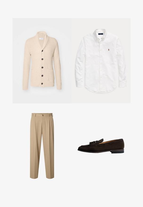 Beige strikket cardigan med sjalskrave, fem mørke knapper, tekstureret stof og to forlommer. Lange ærmer med ribbede manchetter.; Hvid skjorte med lange ærmer, knapper og krave med lille broderet logo på venstre bryst, lagt fladt på ensfarvet baggrund.; Beige skræddersyede bukser med forreste læg, bæltestropper, knaplukning og lige ben-design.; Brune ruskinds loafers med frynse detaljer, rund tå, læderforing og en stablet hæl. Udstyret med tonal syning og sidelufter.