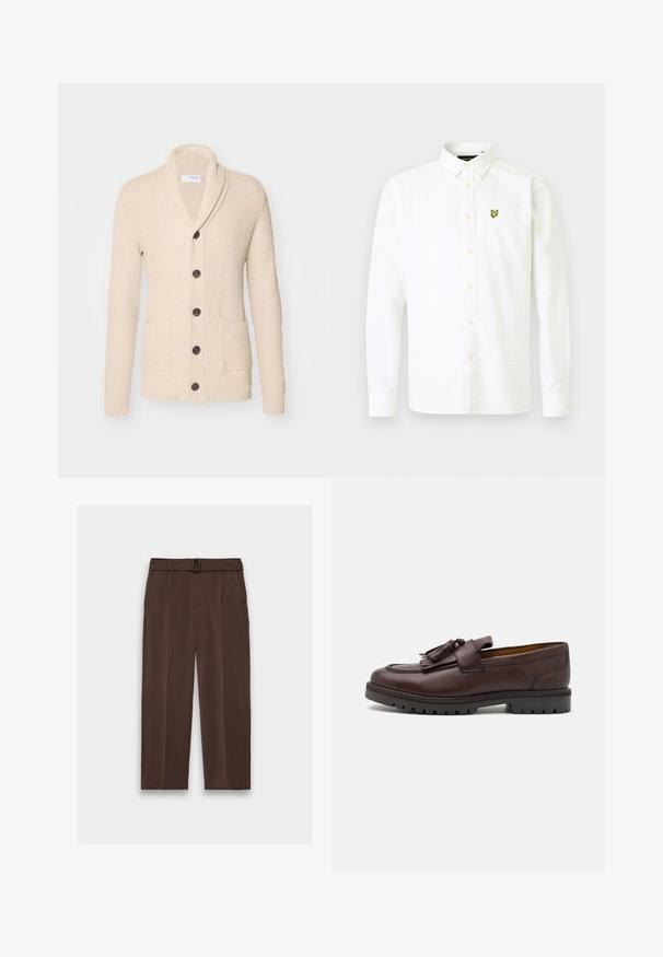 Gilet tricoté beige avec col châle, cinq boutons noirs, tissu texturé et deux poches avant. Manches longues avec poignets côtelés.; Chemise blanche à manches longues en coton avec un col boutonné, dotée d'une poche poitrine et d'un petit logo jaune sur le côté gauche.; Pantalon marron avec une ceinture, présentant une taille haute, un devant plissé et des poches latérales ; fabriqué en tissu lisse et texturé.; Zign by Zalando Mocassins de ville - brown