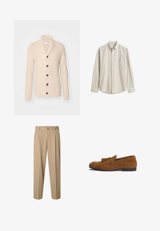 Cárdigan de punto beige con cuello de chal, cinco botones oscuros, tejido texturizado y dos bolsillos frontales. Mangas largas con puños acanalados.; Camisa beige y blanca de rayas verticales, de manga larga, con botones, cuello y bolsillo en el pecho, presentada plana sin persona.; Pantalones beige a medida con pinzas delanteras, trabillas para cinturón, cierre de botón y diseño de pierna recta.; Mocasín marrón de ante para hombre con detalle de borla y suela negra baja, lateral con el nombre de la marca en relieve.