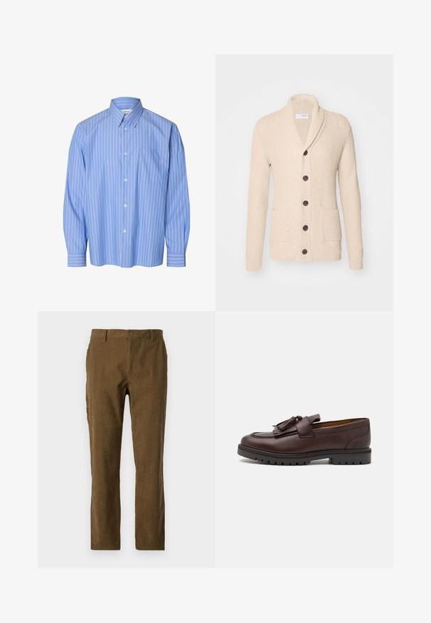 Gilet tricoté beige avec col châle, cinq boutons noirs, tissu texturé et deux poches avant. Manches longues avec poignets côtelés.; Chemise bleue à manches longues avec fines rayures verticales blanches et rouges, une poche poitrine à l'avant et un col pointu.; Pantalons en velours côtelé marron avec une coupe droite, présentant des côtes verticales, une fermeture à boutons sur le devant et des poches latérales pour plus de praticité.; Zign by Zalando Mocassins de ville - brown