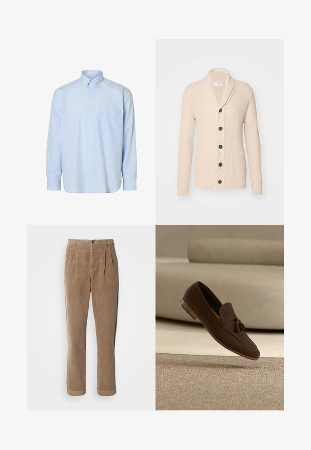 Beige gestrickte Strickjacke mit Schalkragen, fünf dunklen Knöpfen, strukturiertem Stoff und zwei vorderen Taschen. Lange Ärmel mit gerippten Bündchen.; Hemd aus hellblauem Stoff mit langen Ärmeln, weißen senkrechten Streifen, einer einzelnen Brusttasche und einem klassischen Kragen. Glatte Stoffstruktur.; Braune Cordhosen mit einem hochgeschnittenen Design, featuring vorderen Falten, einem Knopfverschluss und geraden Beinen. Das strukturierte Material ist sichtbar.; Brauner Lederloafer mit Quasten, schwebt über einem beigen Teppich und Sofa in einem sanft beleuchteten Innenraum.