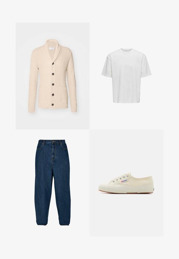 Gilet tricoté beige avec col châle, cinq boutons noirs, tissu texturé et deux poches avant. Manches longues avec poignets côtelés.; T-shirt blanc à manches courtes en coton, avec un col rond, une coupe ample et une texture lisse, sans motifs ni accents visibles.; Jean en denim bleu foncé avec une coupe décontractée, taille haute et poignets élastiques. Il dispose d'une fermeture à bouton à l'avant et de cinq poches.; Baskets en toile beige au design épuré, œillets en métal et semelle en caoutchouc. Présente un motif texturé et un détail de logo sur le côté.