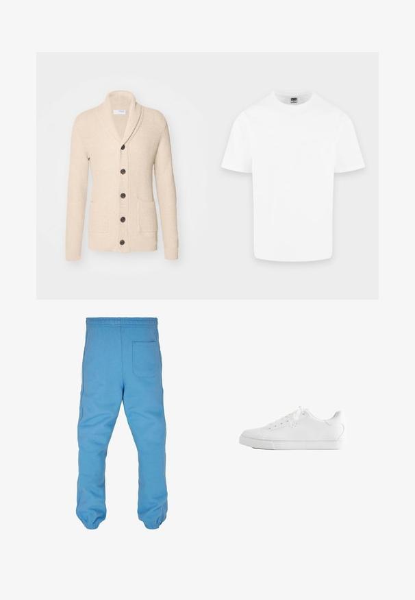 Beige gebreide cardigan met sjaalkraag, vijf donkere knopen, een gestructureerde stof en twee voorzakken. Lange mouwen met ribbels aan de manchetten.; Effen witte katoenen T-shirt met korte mouwen en ronde hals, weergegeven op een lichtgrijze achtergrond.; Lichtblauwe sweatpants van zacht katoen. Voorzien van een elastische tailleband, taps toelopende beenopeningen en een achterzak.; Witte lage sneaker met veters, glad leren bovenwerk en een platte rubberen zool, vanaf de zijkant op een witte achtergrond.