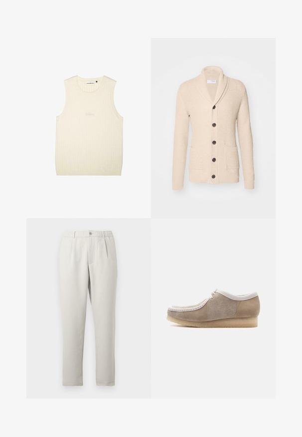 Cárdigan de punto beige con cuello de chal, cinco botones oscuros, tejido texturizado y dos bolsillos frontales. Mangas largas con puños acanalados.; Top sin mangas de color crema, confeccionado en tejido acanalado, con cuello redondo y sutil logotipo bordado en el frente.; Pantalones de corte relajado en beige claro con un ligero brillo, que cuentan con una cintura elástica, bolsillos frontales y un diseño de pierna estrechada.; Zapato marrón claro de ante estilo mocasín con ribete blanco, cordones en la parte delantera y suela de crepé beige, mostrado de perfil sobre un fondo blanco.