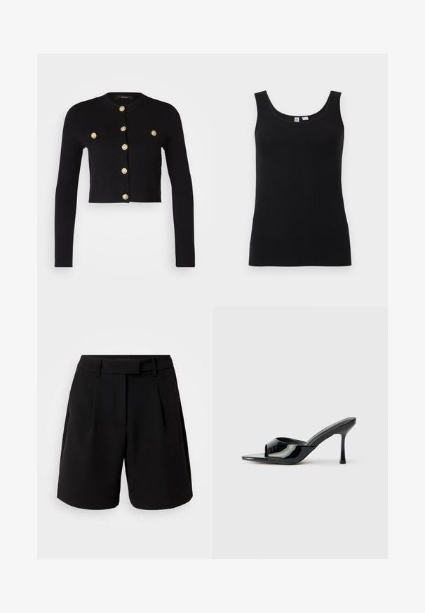 Sort crop cardigan med lange ærmer, med dekorative guldknapper og to forlommer. Lavet af et blødt, tekstureret stof.; Sort ribbet ærmeløs tanktop med rund halsudskæring, vist fladt mod en lys baggrund.; Sorte skræddersyede shorts lavet af glat stof, med høj talje, folder, bæltestropper og sidelommer, med et rent design.; Sorte patenterede læder open-toe mules med en smal strop og stiletto hæl. Glat tekstur og minimalistisk design med en flad sål.