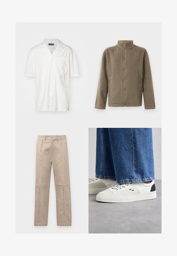 Hnedá fleece bunda s vysokým golierom, zipsom a ozdobnými zlatými nitmi v vírivom vzore na jednej strane.; Biele krátke rukávy košele vyrobené z bavlnenej zmesi, s špicatým golierom, prednou vreckom a nenápadným vyšívaným akcentom na ľavej strane.; Béžové nohavice so rovnym strihom, s bočnými pruhmi z ružovo-zlatých flitrov a jemným vyšívaným detailom na nohách.; Biele a čierne tenisky s hladkým koženým zvrškom, štruktúrovanými akcentmi a masívnou bielou podrážkou. Obsahujú klasický dizajn so šnurovaním.