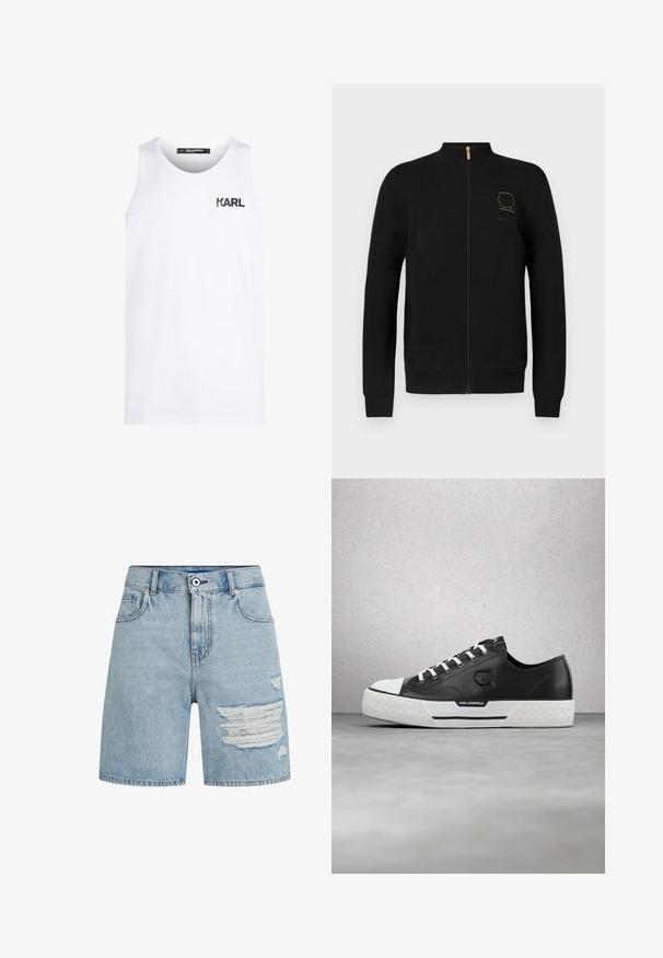 Schwarzer Sweatshirt mit Reißverschluss und hohem Kragen, aus weichem Stoff. Verfügt über ein goldenes Logo auf der Brust sowie gerippte Bündchen und Saum.; Weißes Tanktop aus Baumwolle mit rundem Halsausschnitt. Mit einem schwarzen Logodruck auf der Brust. Einfaches Design und ärmelloser Stil.; Hellblaue Jeans-Shorts mit hoher Taille, versehen mit Used-Effekten und ausgefransten Kanten. Zwei Vordertaschen und ein Reißverschluss.; Schwarzer Ledersneaker mit weißen Akzenten, texturierter Gummisohle und Logo. Verfügt über traditionelle Schnürung und eine abgerundete Zehenpartie mit einem markanten Design.