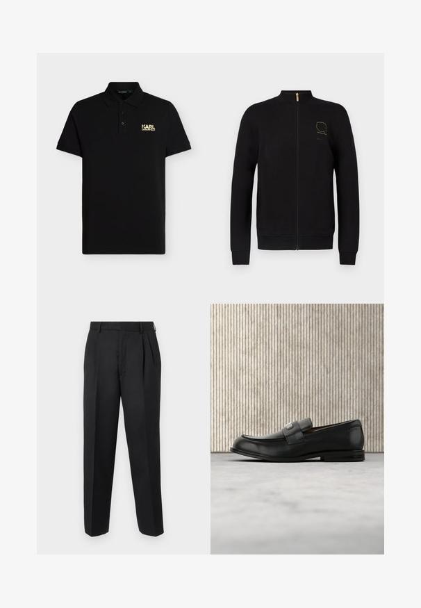Sweat-shirt zippé noir avec col montant, en tissu doux. Doté d'un logo doré sur la poitrine ainsi que de poignets et un ourlet côtelés.; Polo noir à manches courtes avec col, patte à trois boutons et petit logo doré "KARL LAGERFELD" sur la poitrine gauche.; Pantalon tailleur noir avec plis à l'avant, passants pour ceinture et coupe droite, sur un fond clair uni.; Mocassin en cuir noir avec une plaque de marque en métal reposant près d'une table ronde marron sur un sol recouvert de moquette beige.