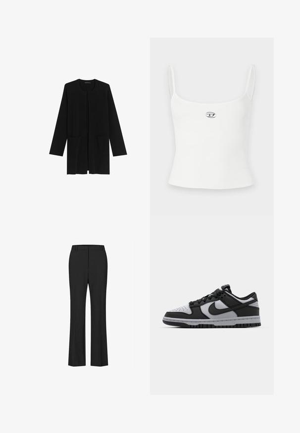 Cardigan long noir en tissu doux, avec un col rond, une ouverture à l'avant, deux poches avant et de longues manches. Design simple et sans coutures.; Débardeur blanc à côtes avec fines bretelles et coupe ajustée. Présente un petit logo circulaire au centre. Texture lisse, style minimaliste.; Pantalons évasés noirs en tissu lisse avec une taille soignée et des plis avant. Design à jambe droite atteignant les chevilles.; Baskets basses Nike Dunk noires et grises avec un bout perforé, des accents en cuir lisse et une semelle en caoutchouc avec un motif de traction texturé.