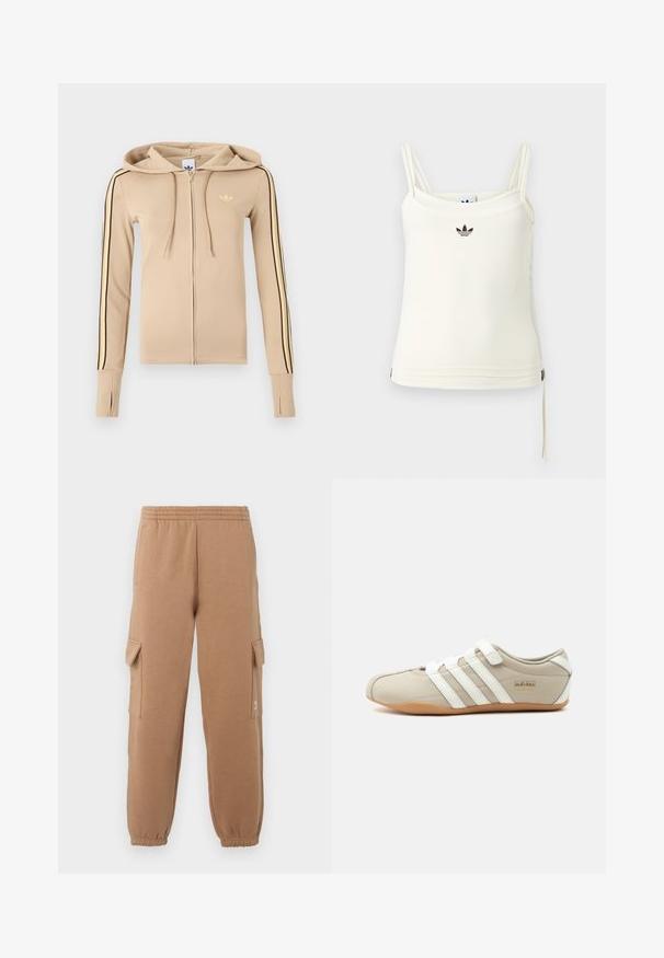 Beige hættejakke med lynlås lavet af blødt materiale, med sorte og gule striber på siden, hætte og et lille guldlogo på brystet.; Cremefarvet tanktop med tynde stropper; Adidas-logo i sort på brystet. Glat stof med en snorejustering ved kanten. Enkel design.; Beige cargo-bukser lavet af blødt stof med elastisk midte, omslag ved anklerne og sidelommer, med en lille logo-detalje.; Beige Adidas Tokyo sneaker med hvide striber, velcrolukninger og gummisål, vist fra siden på en ensfarvet baggrund.