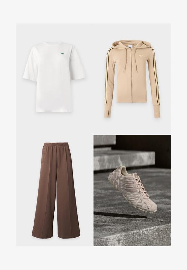Beige hættejakke med lynlås lavet af blødt materiale, med sorte og gule striber på siden, hætte og et lille guldlogo på brystet.; Hvid t-shirt lavet af bomuld, med korte ærmer og rund hals. Et lille grønt logo er placeret på venstre brystområde.; Løstsiddende brune vidde sweatpants med elastik i taljen og sidelommer på en ensfarvet lys baggrund.; Lyserød Adidas-sneaker med mesh-overdel, tre striber på siden, snørebånd bundet, svævende over teksturerede betontrapper.
