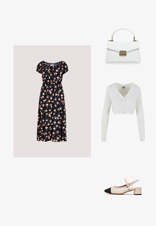 Witte cropped cardigan van pluizig materiaal met een v-hals, lange mouwen en drie knopen aan de voorkant. Eenvoudig en gestructureerd ontwerp.; Apricot VINTAGE ROSE - Jurk - navy; Beige leren slingschoenen met zwartte tip, vierkante hak en verstelbaar enkelbandje. Glad textuur en minimalistisch ontwerp.; Witte leren handtas met een gestructureerde vorm, voorzien van een omvouwbare klep, een sluiting van goudkleurig metaal en een korte handgreep. Glad oppervlak, minimale stiksels.